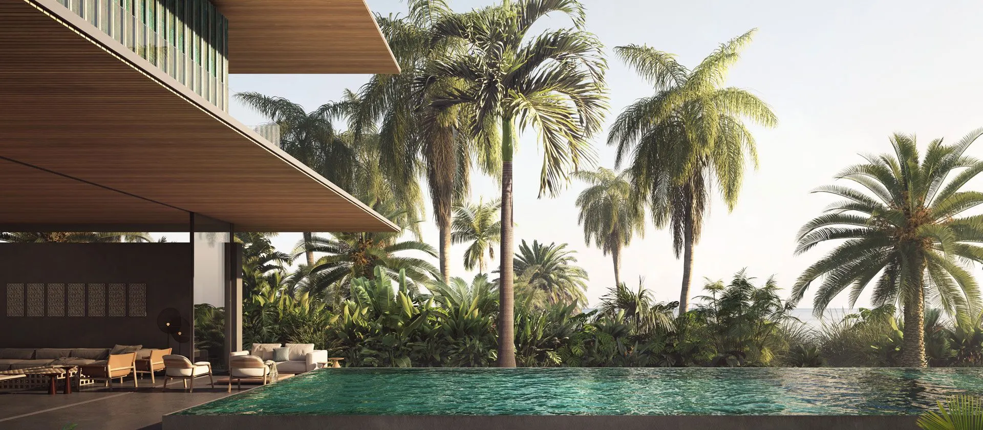 Sea Mirror project image showing a shaded terrace, swimming pool and palm trees