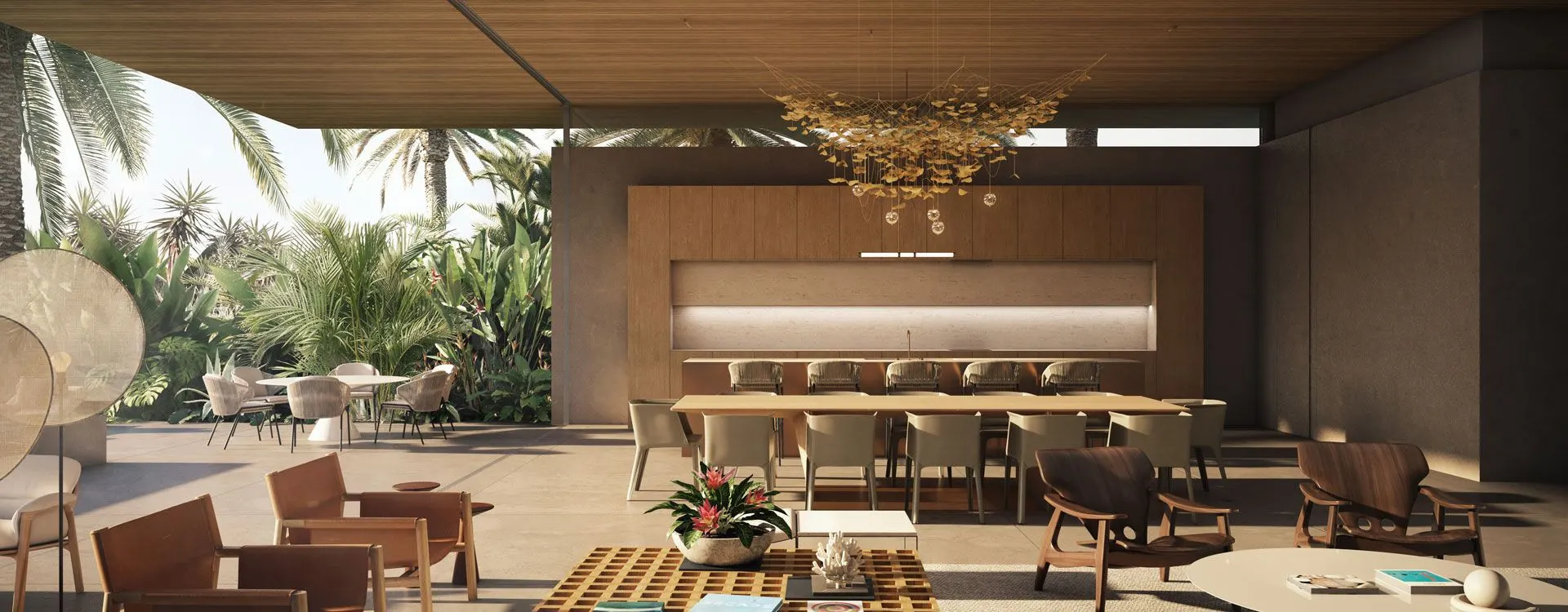 Sea Mirror project image of warm timber interiors and a large dining area
