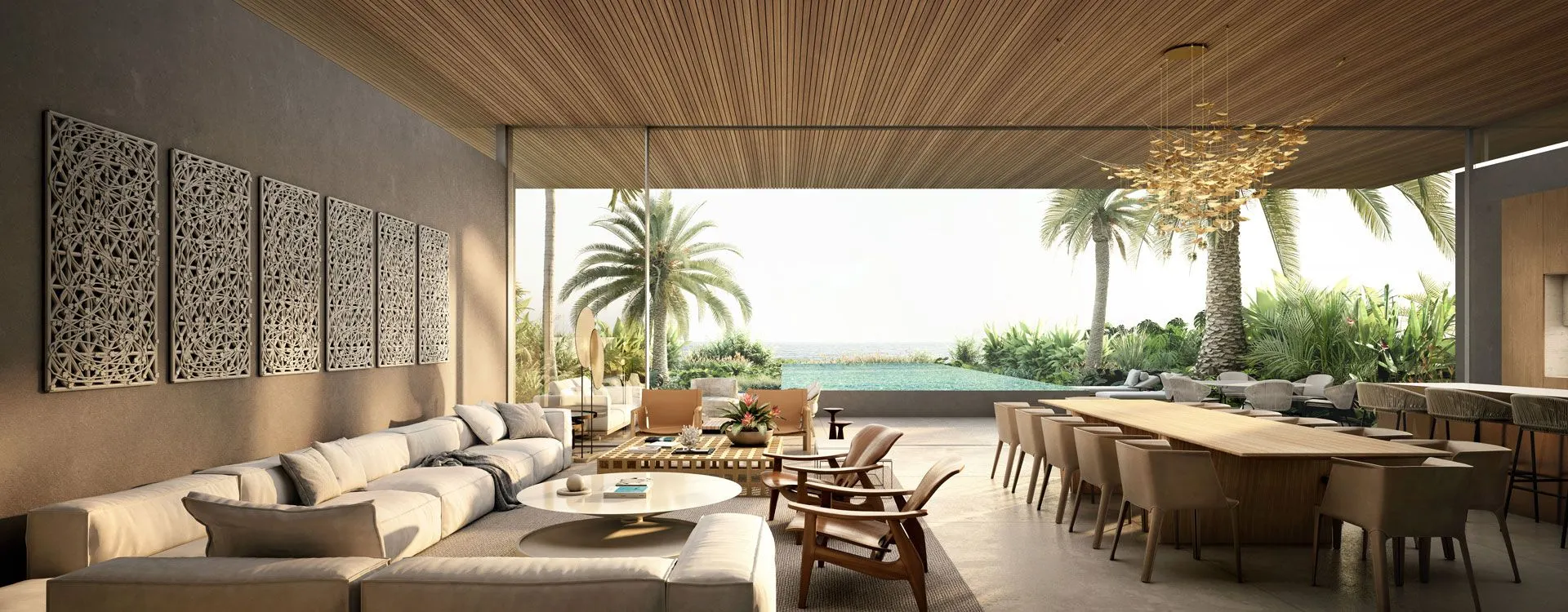 Sea Mirror project image of the open living and dining space facing the pool